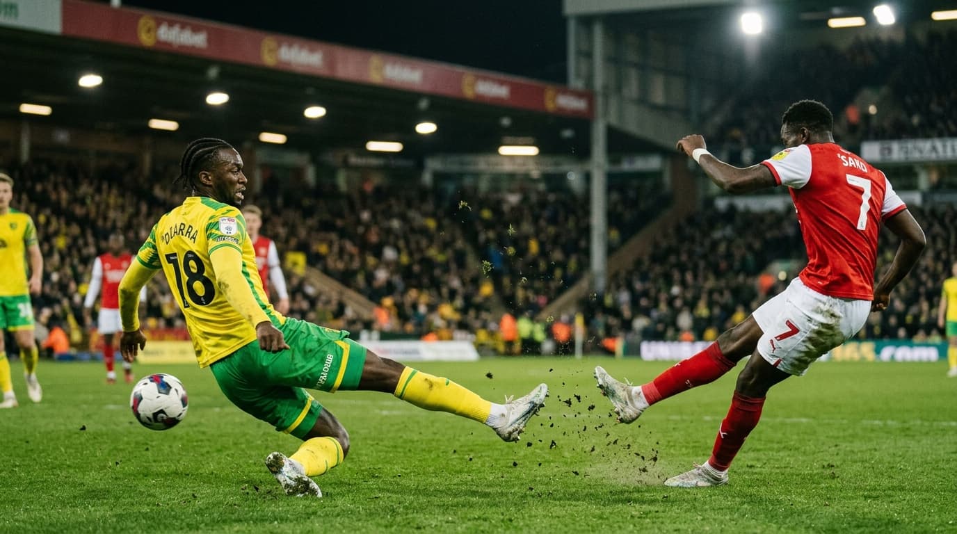 Live match action on the pitch under floodlights